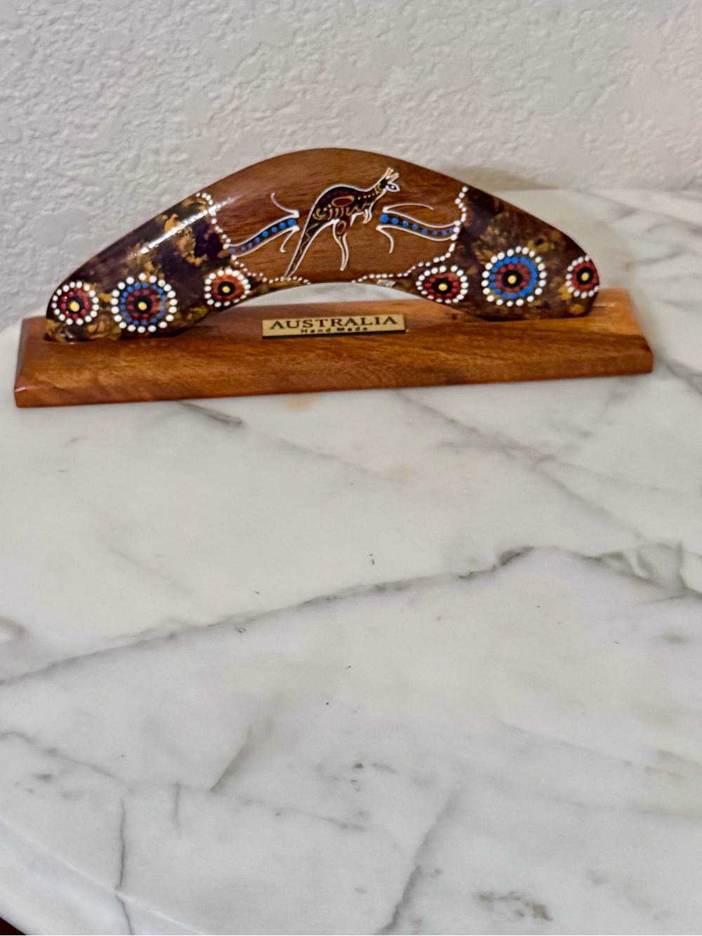 Handmade Australian Boomerang Display with Aboriginal Dot Art - Brown